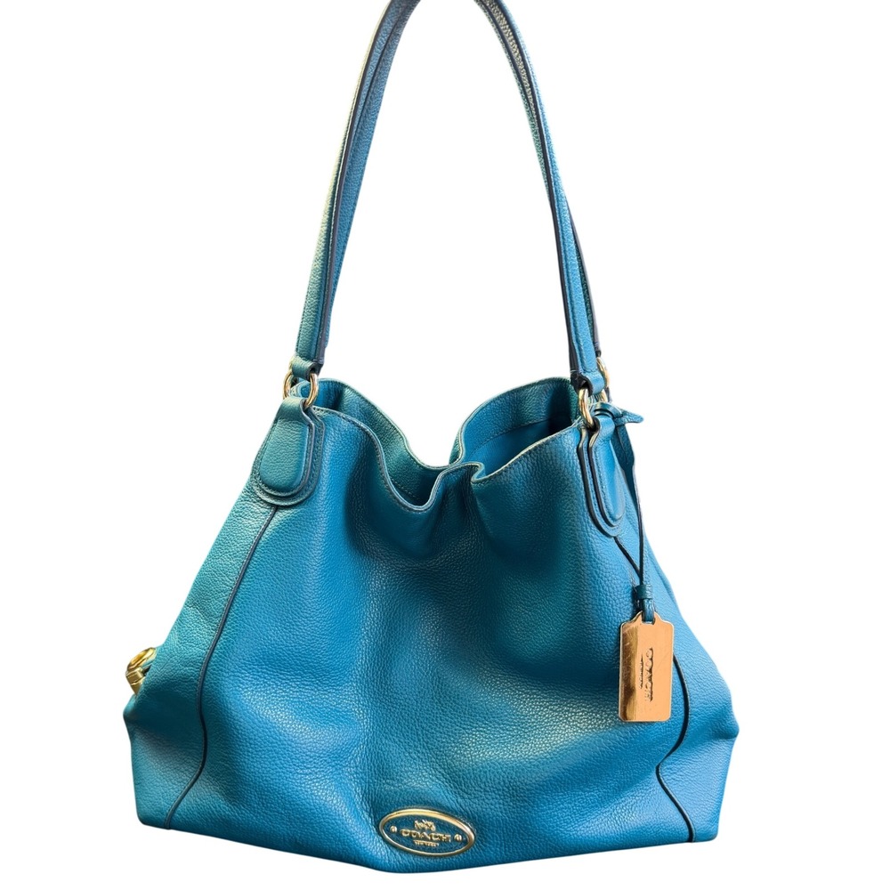 Coach Edie Teal Green Pebbled Leather Large Shoulder Bag Gold Hardware Tote Hobo